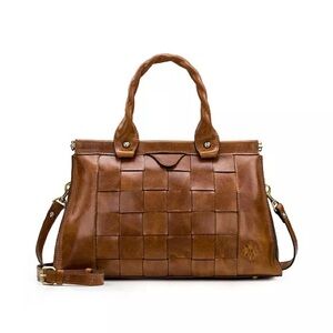 Patricia Nash Braided Handle Woven Leather Tote in Cognac Brown